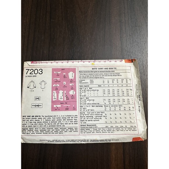 7203 SIMPLICITY 1975 - SHIRT w BOW TIE - BOYS Sz 4 And 6 Vintage Pattern - Picture 2 of 4